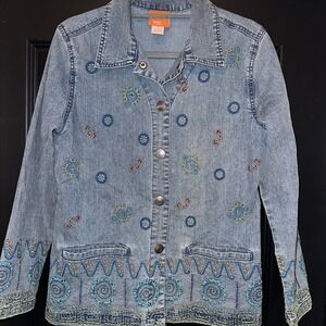 Hearts of Palms Women's Blue Lightweight Aztec Embroidered Denim‎ Jacket, Size 6